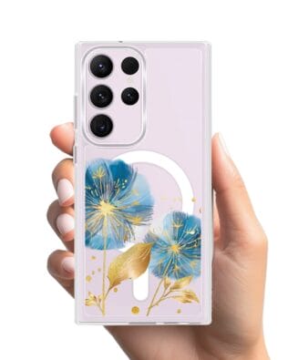 Etui do Samsung Galaxy S23 Ultra z MagSafe przeźroczyste, silikonowe Flexi, Kwiaty, niebieskie dmuchawce