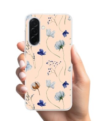 Etui do Samsung Galaxy A37 z MagSafe przeźroczyste, silikonowe Flexi, kwiatki niebieskie na pudrowym tle