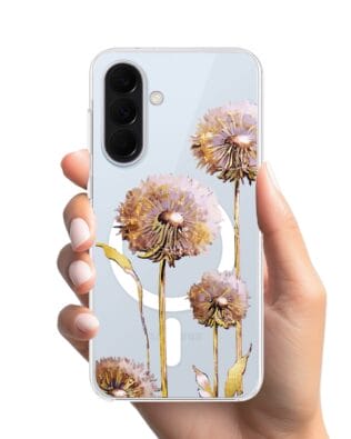 Etui do Samsung Galaxy A57 z MagSafe przeźroczyste, silikonowe Flexi, Kwiaty, fioletowe dmuchawce
