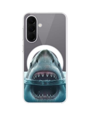 Etui do Samsung Galaxy A57 z MagSafe przeźroczyste, silikonowe Flexi, Paradise, żarłacz biały
