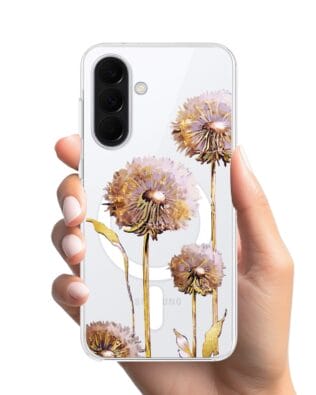 Etui do Samsung Galaxy A37 z MagSafe przeźroczyste, silikonowe Flexi, Kwiaty, fioletowe dmuchawce
