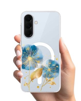 Etui do Samsung Galaxy A57 z MagSafe przeźroczyste, silikonowe Flexi, Kwiaty, niebieskie dmuchawce