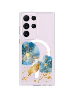Etui do Samsung Galaxy S23 Ultra z MagSafe przeźroczyste, silikonowe Flexi, Kwiaty, niebieskie dmuchawce