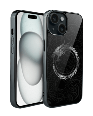 Etui do iPhone 15 IBIZU Elite Glass, Nocturne, Uroboros – smoczy krąg, czarne