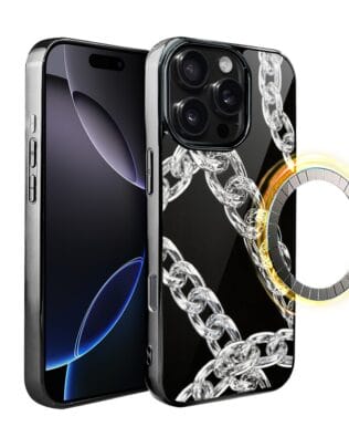 Etui do iPhone 16 Pro IBIZU Elite Glass z MagSafe, Nocturne, Srebrny łańcuch, czarne