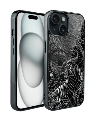 Etui do iPhone 15 IBIZU Elite Glass, Nocturne, Tygrys i smok, czarne