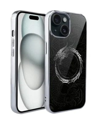 Etui do iPhone 15 IBIZU Elite Glass, Nocturne, Uroboros – smoczy krąg, srebrne