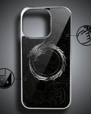 Etui do iPhone 16 Pro IBIZU Elite Glass z MagSafe, Nocturne, Uroboros – smoczy krąg, srebrne