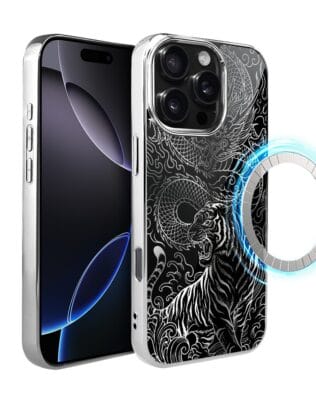 Etui do iPhone 16 Pro IBIZU Elite Glass z MagSafe, Nocturne, Tygrys i smok, srebrne