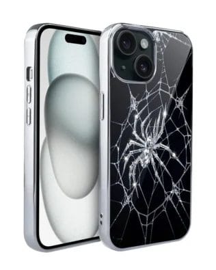 Etui do iPhone 15 IBIZU Elite Glass, Nocturne, Kryształowy pająk, srebrne