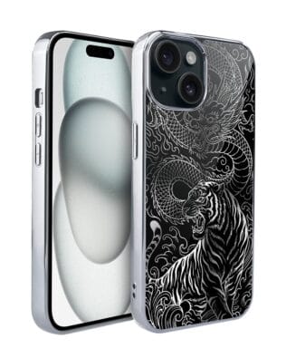 Etui do iPhone 15 IBIZU Elite Glass, Nocturne, Tygrys i smok, srebrne