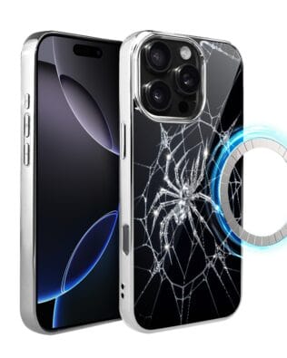 Etui do iPhone 16 Pro IBIZU Elite Glass z MagSafe, Nocturne, Kryształowy pająk, srebrne
