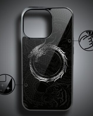 Etui do iPhone 16 Pro IBIZU Elite Glass z MagSafe, Nocturne, Uroboros – smoczy krąg, czarne