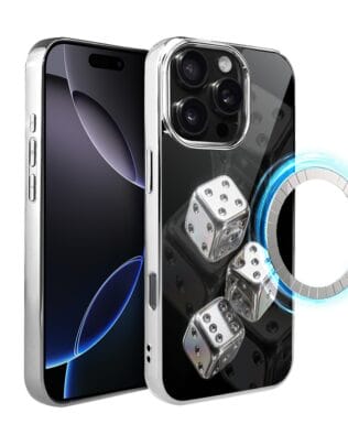 Etui do iPhone 16 Pro IBIZU Elite Glass z MagSafe, Nocturne, Kości do gry, srebrne