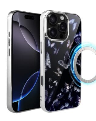 Etui do iPhone 16 Pro IBIZU Elite Glass z MagSafe, Nocturne, Nocne Motyle, srebrne