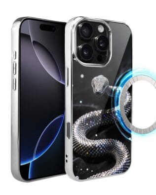 Etui do iPhone 16 Pro IBIZU Elite Glass z MagSafe, Nocturne, Kryształowy wąż, srebrne