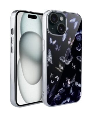 Etui do iPhone 15 IBIZU Elite Glass, Nocturne, Nocne motyle, srebrne