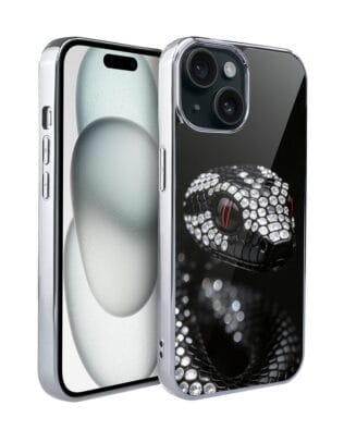 Etui do iPhone 15 IBIZU Elite Glass, Nocturne, Oczy węża, srebrne