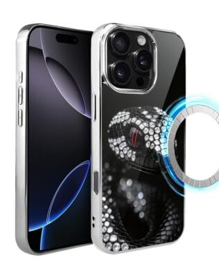 Etui do iPhone 16 Pro IBIZU Elite Glass z MagSafe, Nocturne, Oczy węża, srebrne