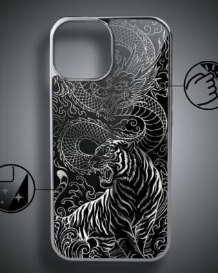 Etui do iPhone 15 IBIZU Elite Glass, Nocturne, Tygrys i smok, srebrne