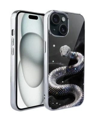 Etui do iPhone 15 IBIZU Elite Glass, Nocturne, Kryształowy wąż, srebrne