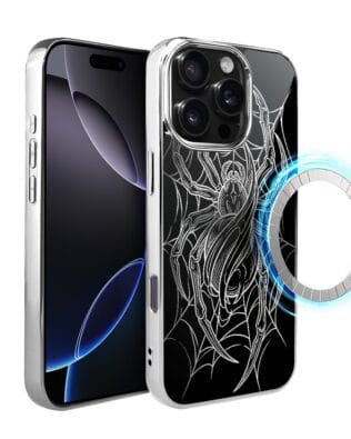 Etui do iPhone 16 Pro IBIZU Elite Glass z MagSafe, Nocturne, W sieci pająka, srebrne
