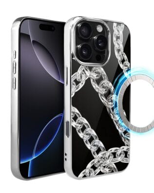 Etui do iPhone 16 Pro IBIZU Elite Glass z MagSafe, Nocturne, Srebrny łańcuch, srebrne