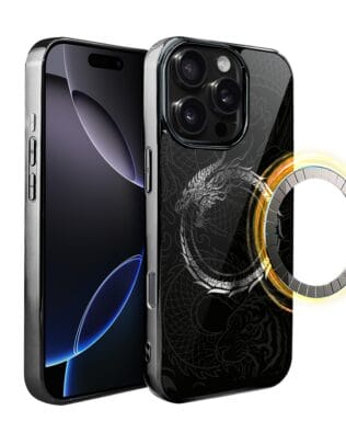 Etui do iPhone 16 Pro IBIZU Elite Glass z MagSafe, Nocturne, Uroboros – smoczy krąg, czarne