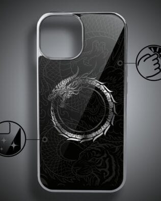 Etui do iPhone 15 IBIZU Elite Glass, Nocturne, Uroboros – smoczy krąg, srebrne