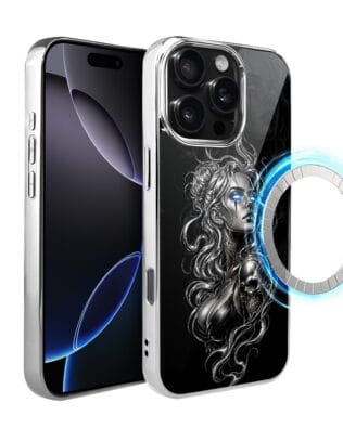 Etui do iPhone 16 Pro IBIZU Elite Glass z MagSafe, Nocturne, Gotycka muza, srebrne