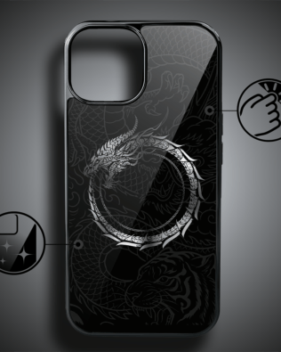 Etui do iPhone 15 IBIZU Elite Glass, Nocturne, Uroboros – smoczy krąg, czarne