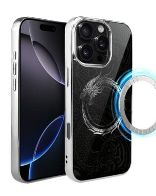 Etui do iPhone 16 Pro IBIZU Elite Glass z MagSafe, Nocturne, Uroboros – smoczy krąg, srebrne